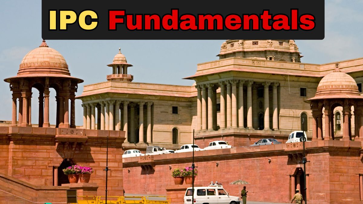 Indian Penal Code book with gavel and scales representing IPC fundamental principles in India