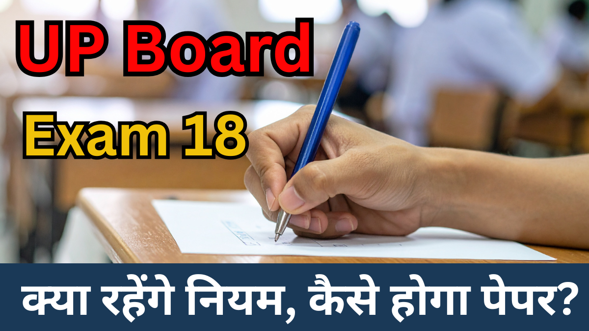 UP Board Exams 2026 exam hall scene with OMR sheet and CCTV surveillance highlighting rules from 18th February